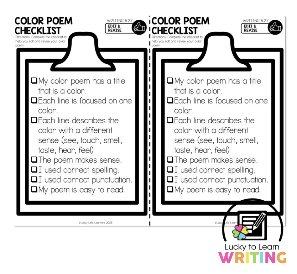 A 'Color Poem Checklist' for 2nd grade students to use while revising their color poems. The checklist includes criteria such as having a title that is a color, using five senses in descriptions, and ensuring the poem is easy to read.